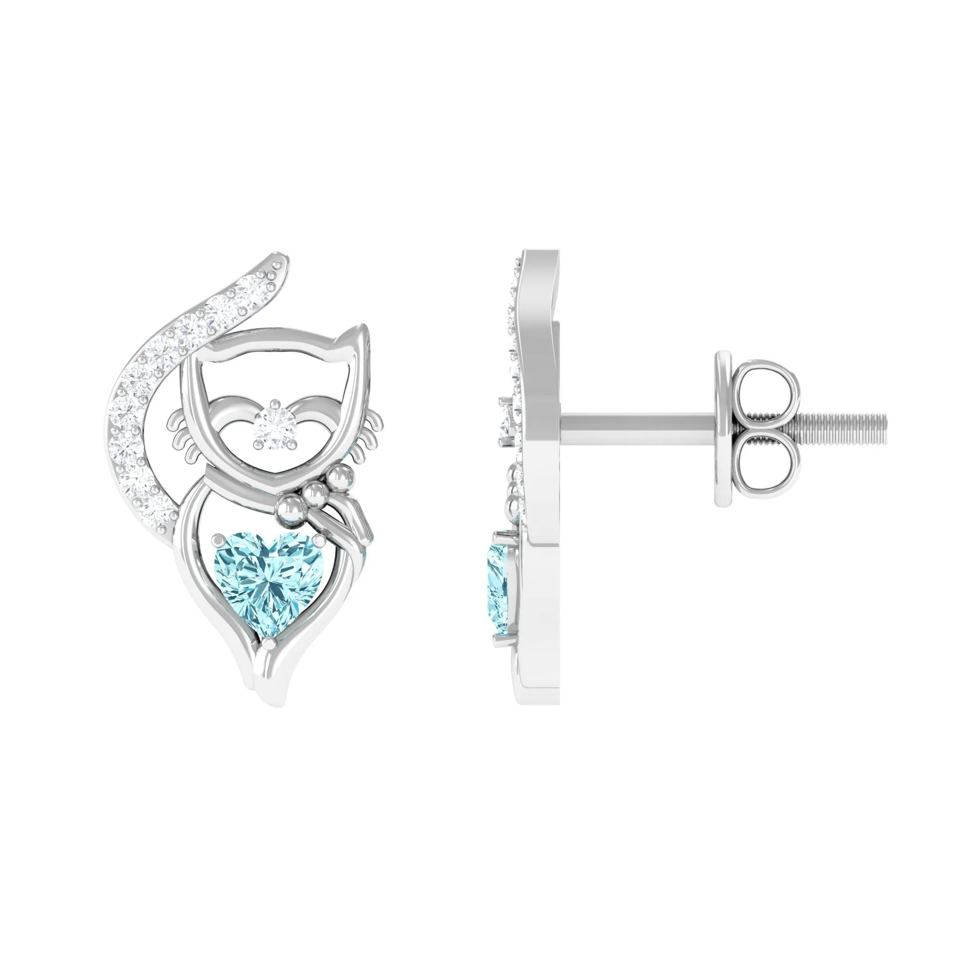 1/2 CT Heart Shape Aquamarine Cat Stud Earrings with Diamond