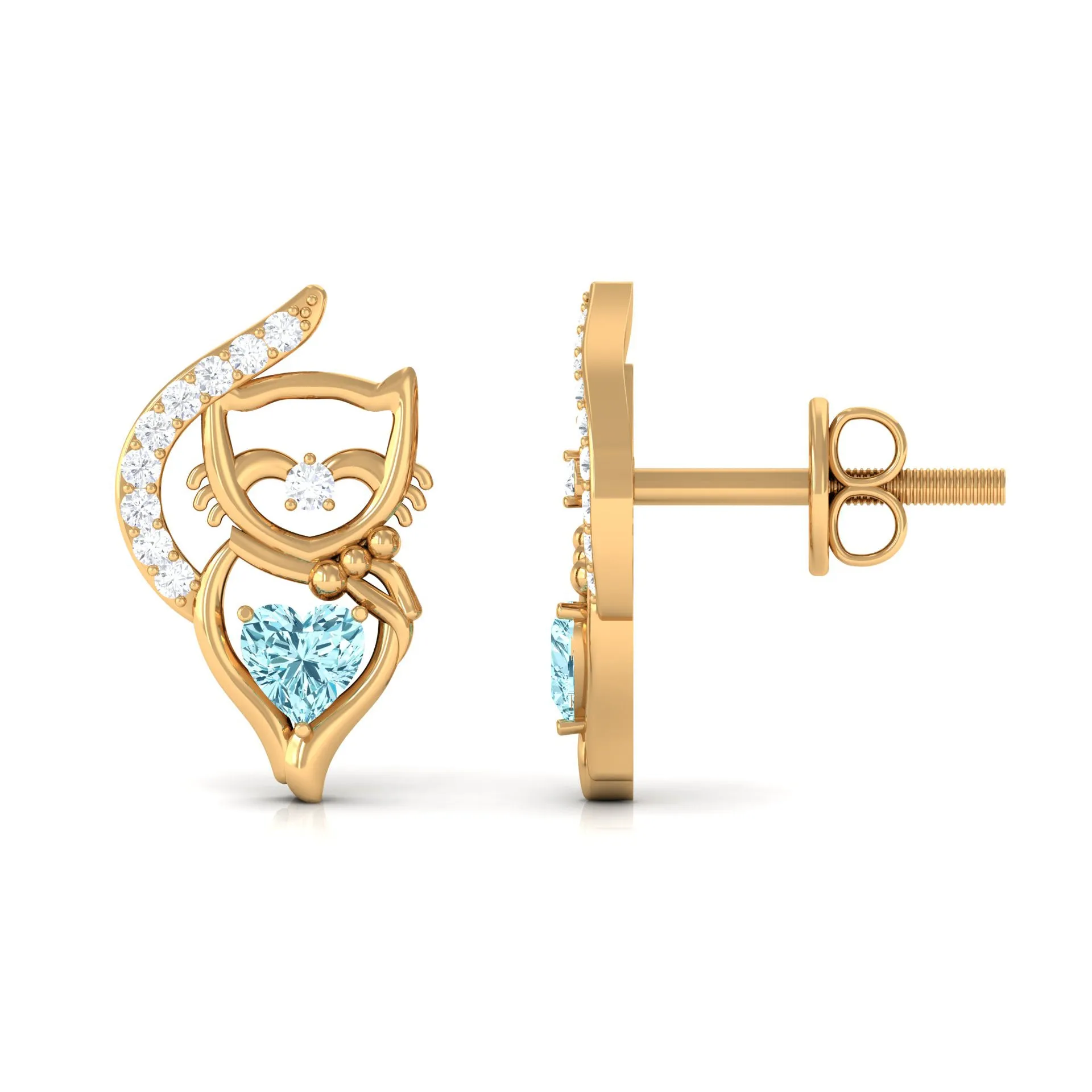 1/2 CT Heart Shape Aquamarine Cat Stud Earrings with Diamond