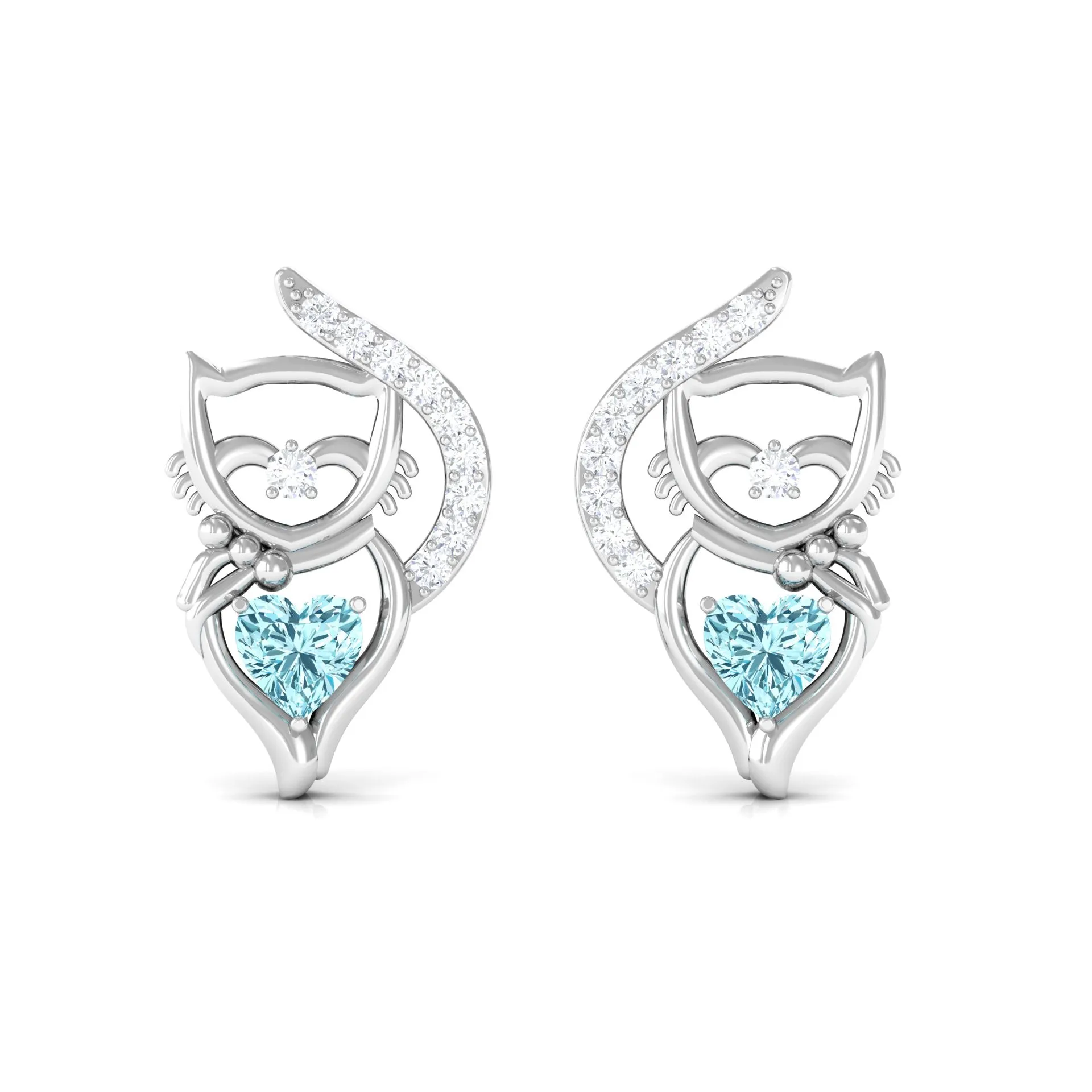 1/2 CT Heart Shape Aquamarine Cat Stud Earrings with Diamond