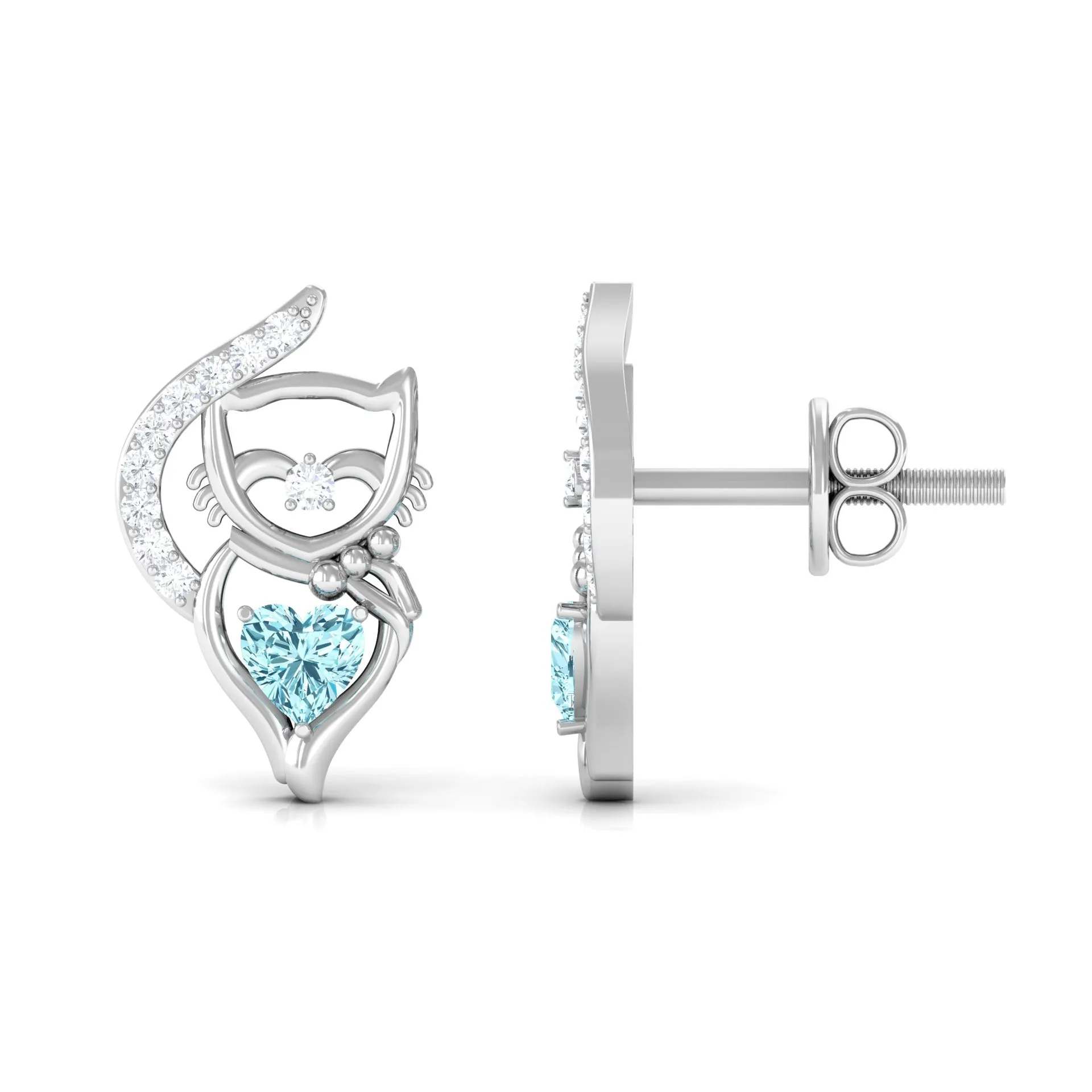 1/2 CT Heart Shape Aquamarine Cat Stud Earrings with Diamond