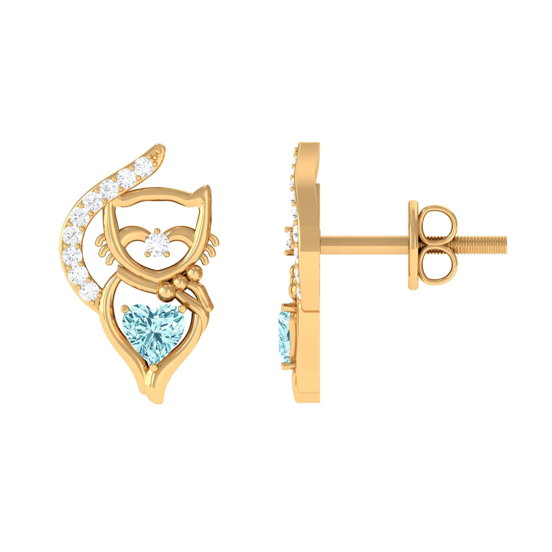 1/2 CT Heart Shape Aquamarine Cat Stud Earrings with Diamond