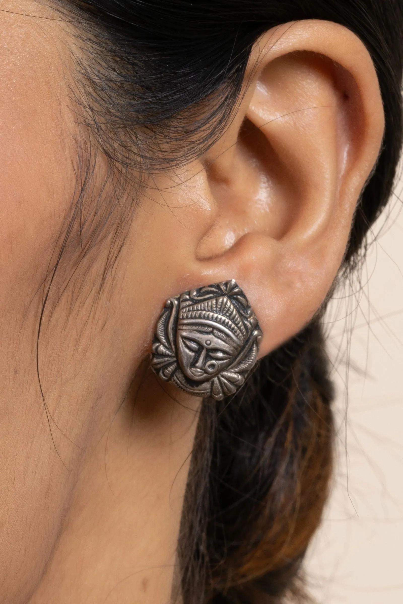 925 Pure Silver Durga Stud Earrings - Exquisite Design for All Occasions, Non-Allergic