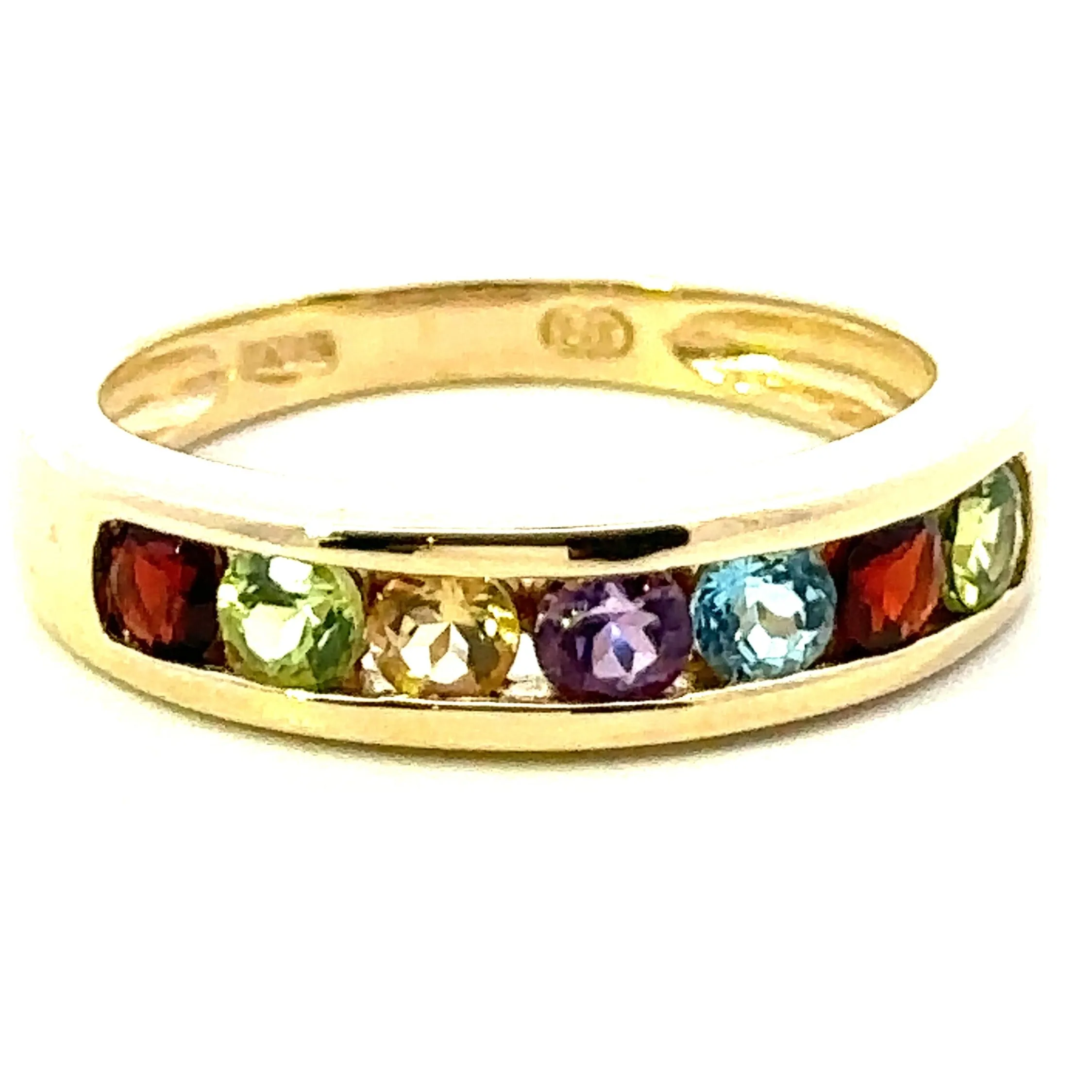 9ct Yellow Gold 7 stone Peridot / Citrine / Amethyst / Topaz & Garnet Ring