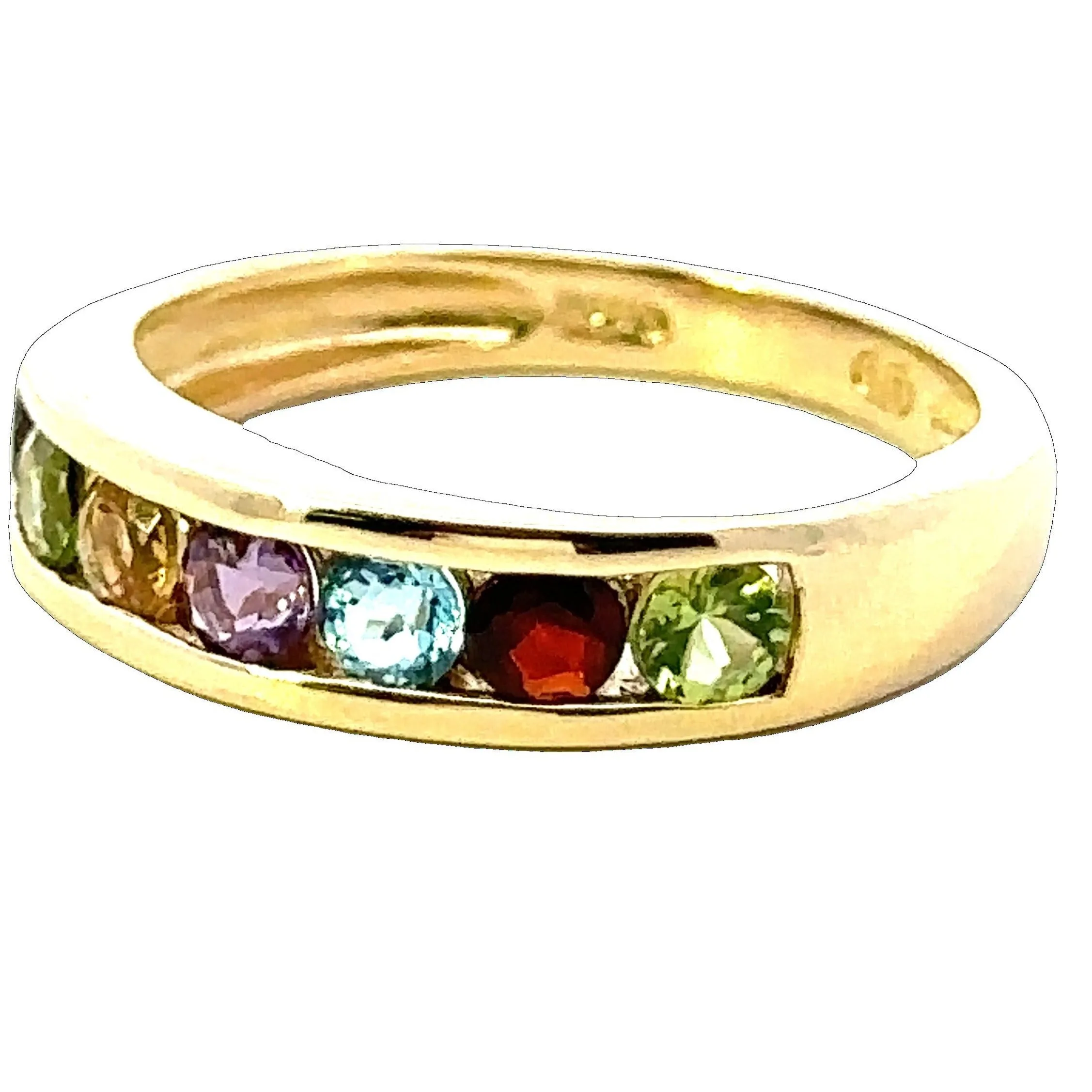 9ct Yellow Gold 7 stone Peridot / Citrine / Amethyst / Topaz & Garnet Ring