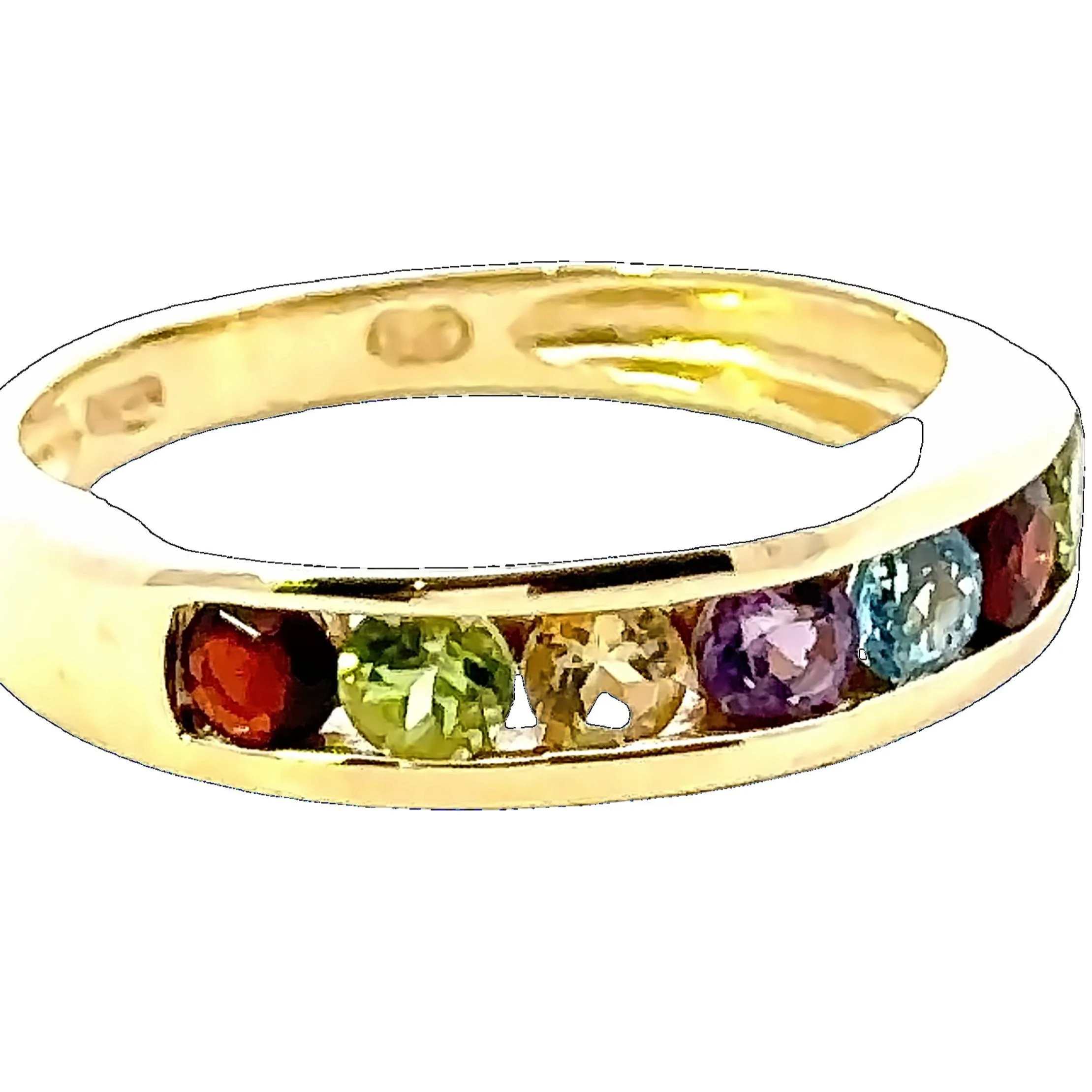 9ct Yellow Gold 7 stone Peridot / Citrine / Amethyst / Topaz & Garnet Ring