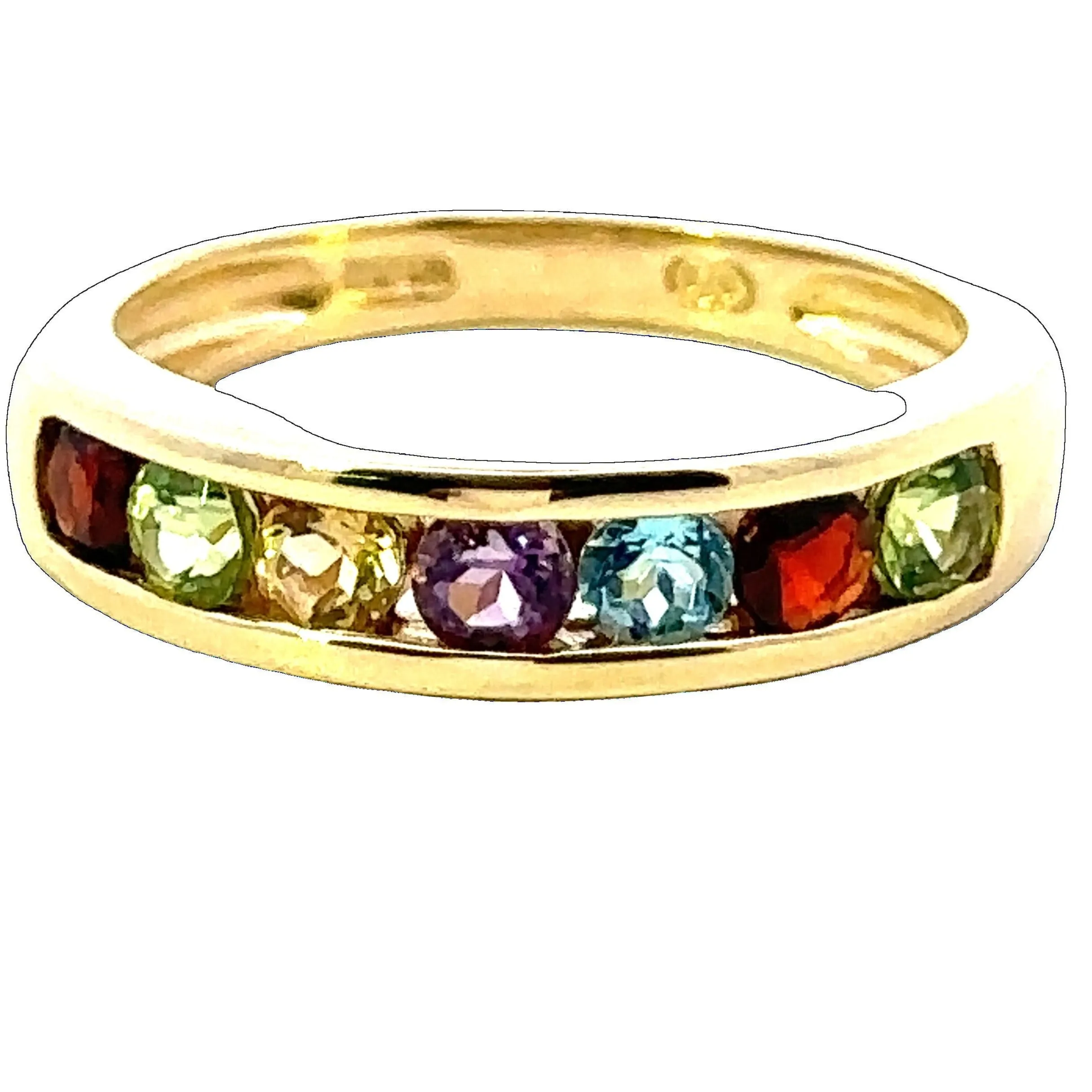 9ct Yellow Gold 7 stone Peridot / Citrine / Amethyst / Topaz & Garnet Ring