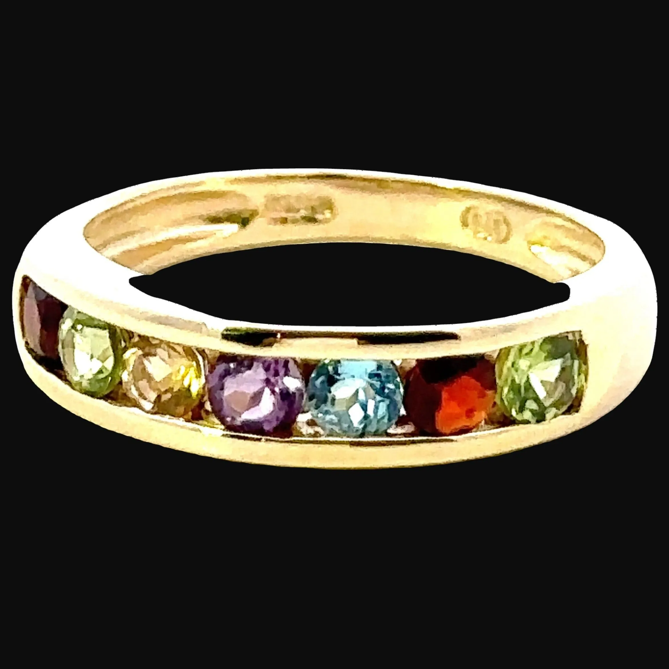 9ct Yellow Gold 7 stone Peridot / Citrine / Amethyst / Topaz & Garnet Ring