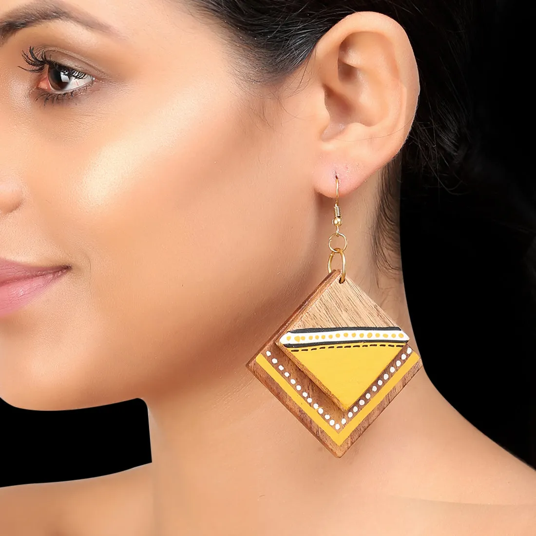 'Abstract Square Pair' Bohemian Earrings Hand-painted In Triangular & Dotted Pattern (Sheesham Wood)