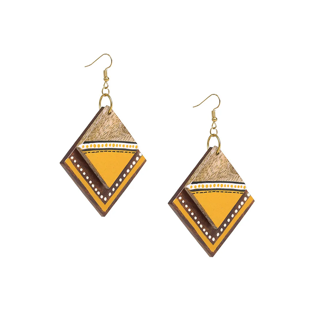 'Abstract Square Pair' Bohemian Earrings Hand-painted In Triangular & Dotted Pattern (Sheesham Wood)