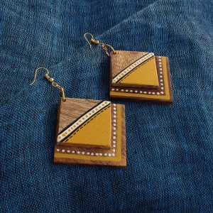 'Abstract Square Pair' Bohemian Earrings Hand-painted In Triangular & Dotted Pattern (Sheesham Wood)