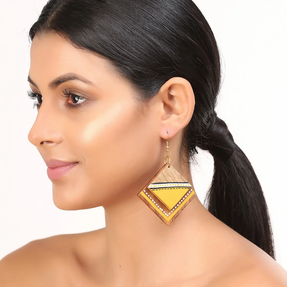 'Abstract Square Pair' Bohemian Earrings Hand-painted In Triangular & Dotted Pattern (Sheesham Wood)