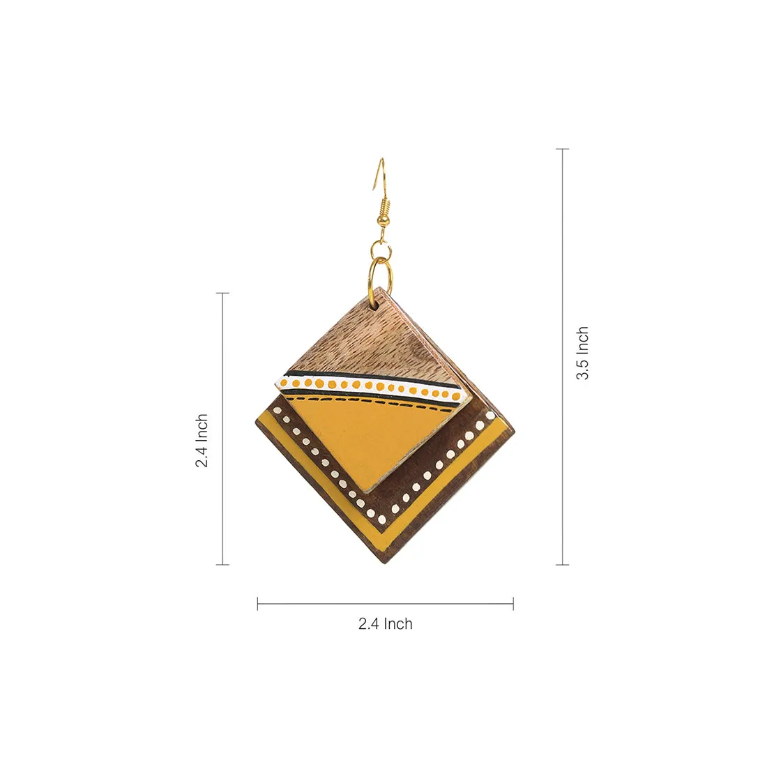 'Abstract Square Pair' Bohemian Earrings Hand-painted In Triangular & Dotted Pattern (Sheesham Wood)