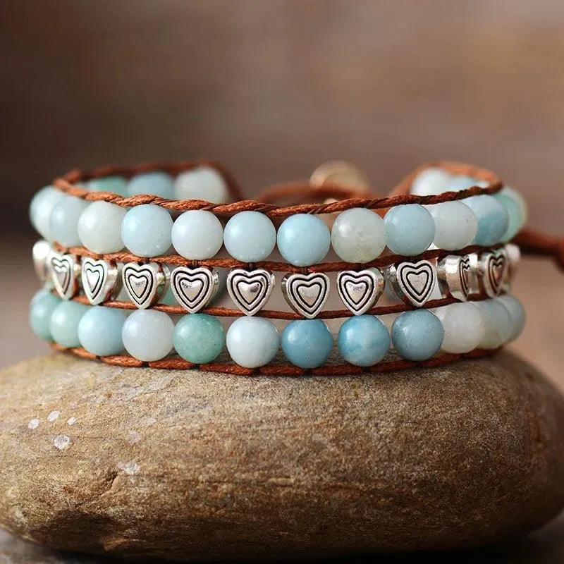 Amazonite & Heart Beads Cuff Bracelet