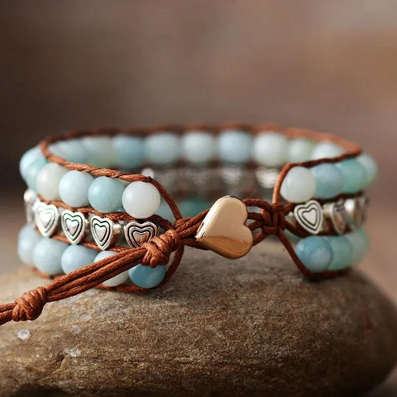 Amazonite & Heart Beads Cuff Bracelet