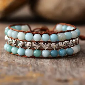 Amazonite & Heart Beads Cuff Bracelet