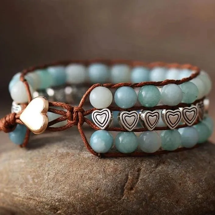 Amazonite & Heart Beads Cuff Bracelet