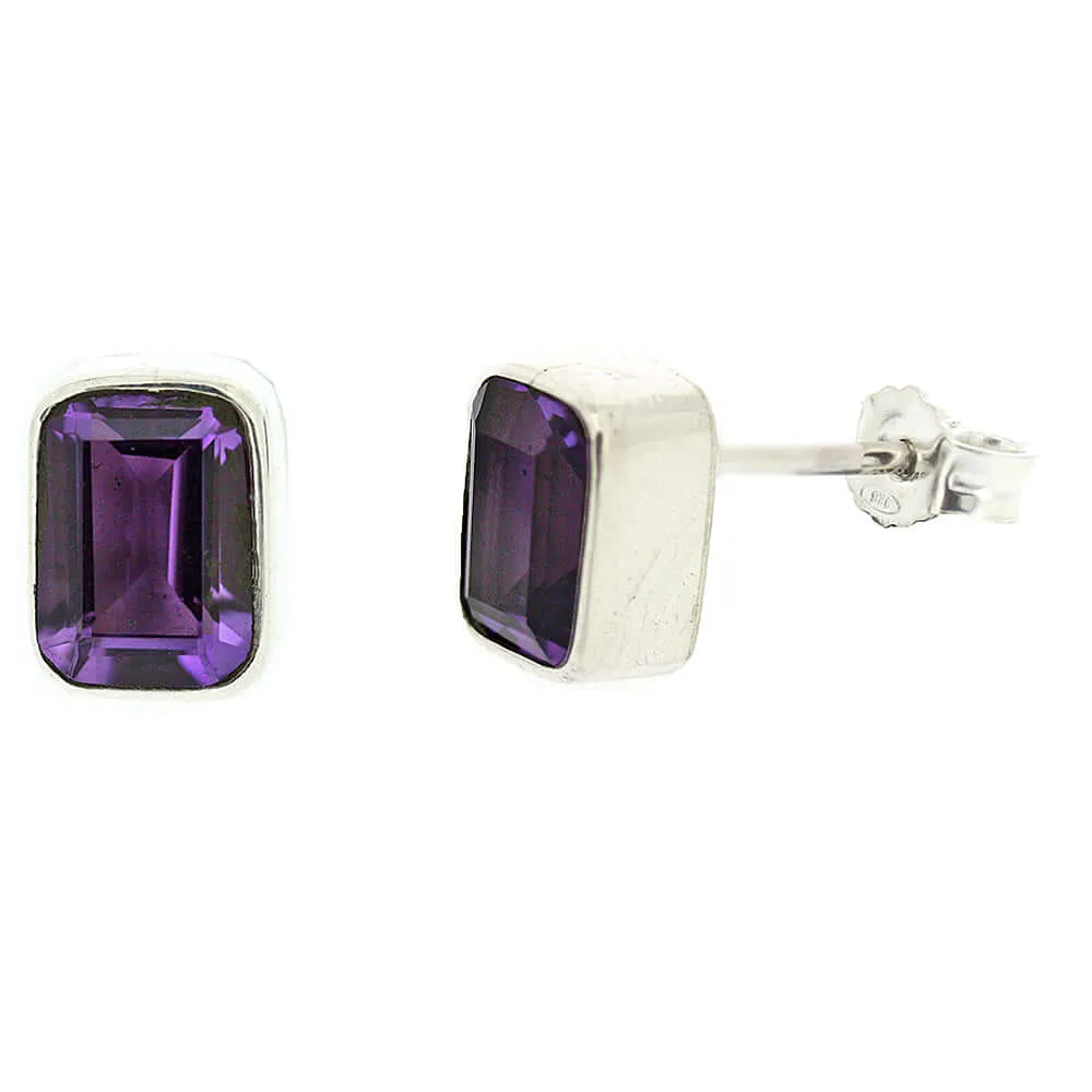 Amethyst Emerald Cut Sterling Silver Handmade Stud Earrings