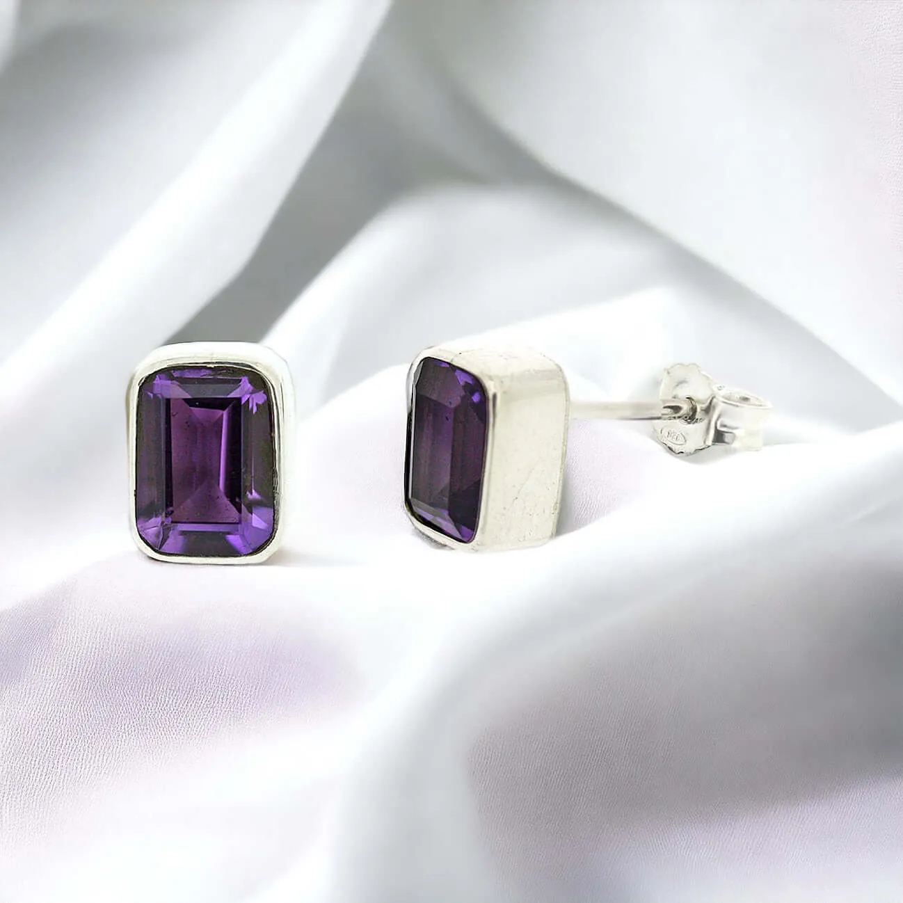 Amethyst Emerald Cut Sterling Silver Handmade Stud Earrings