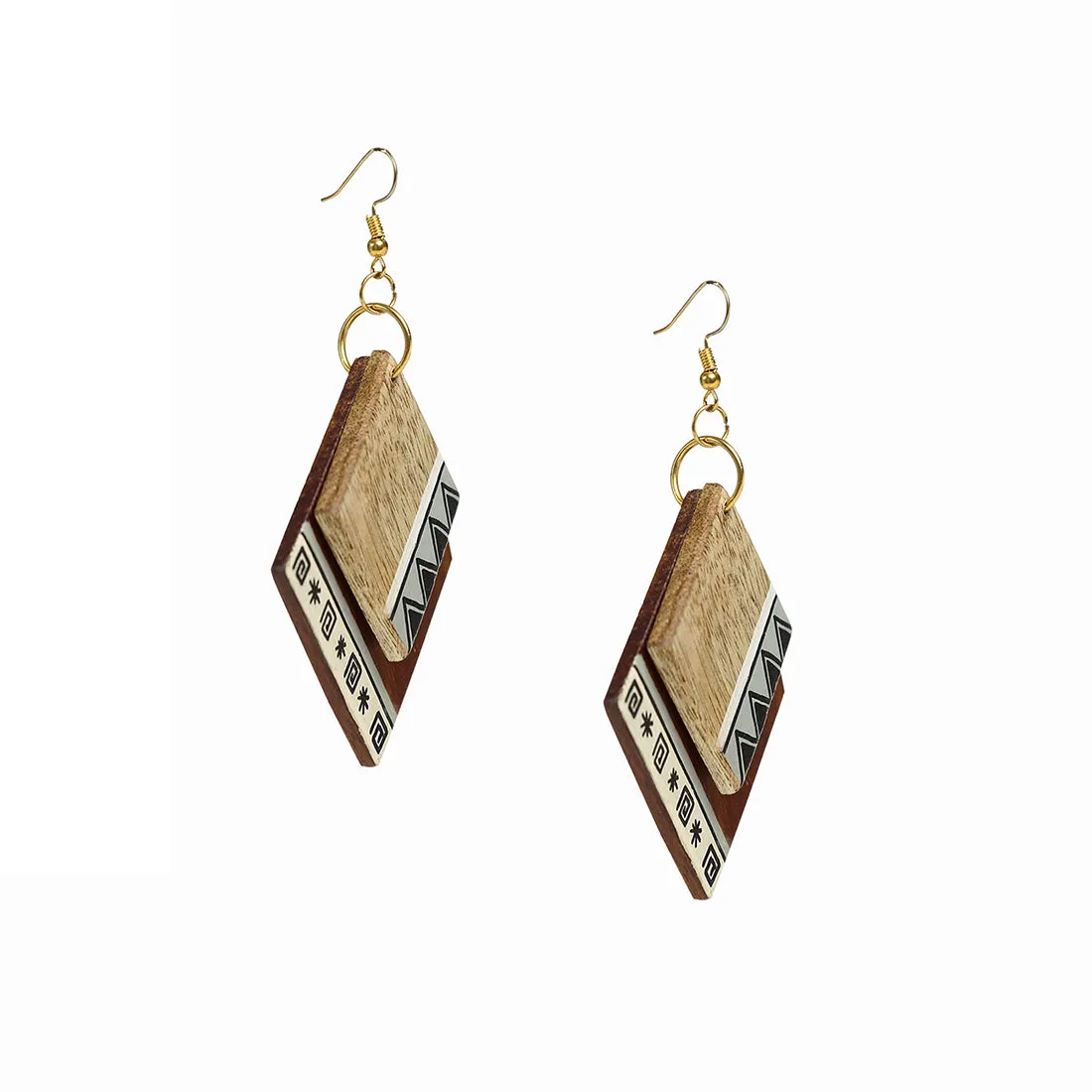 'Aztec Pair' Bohemian Earrings Hand-painted In Aztec Pattern (Sheesham Wood)