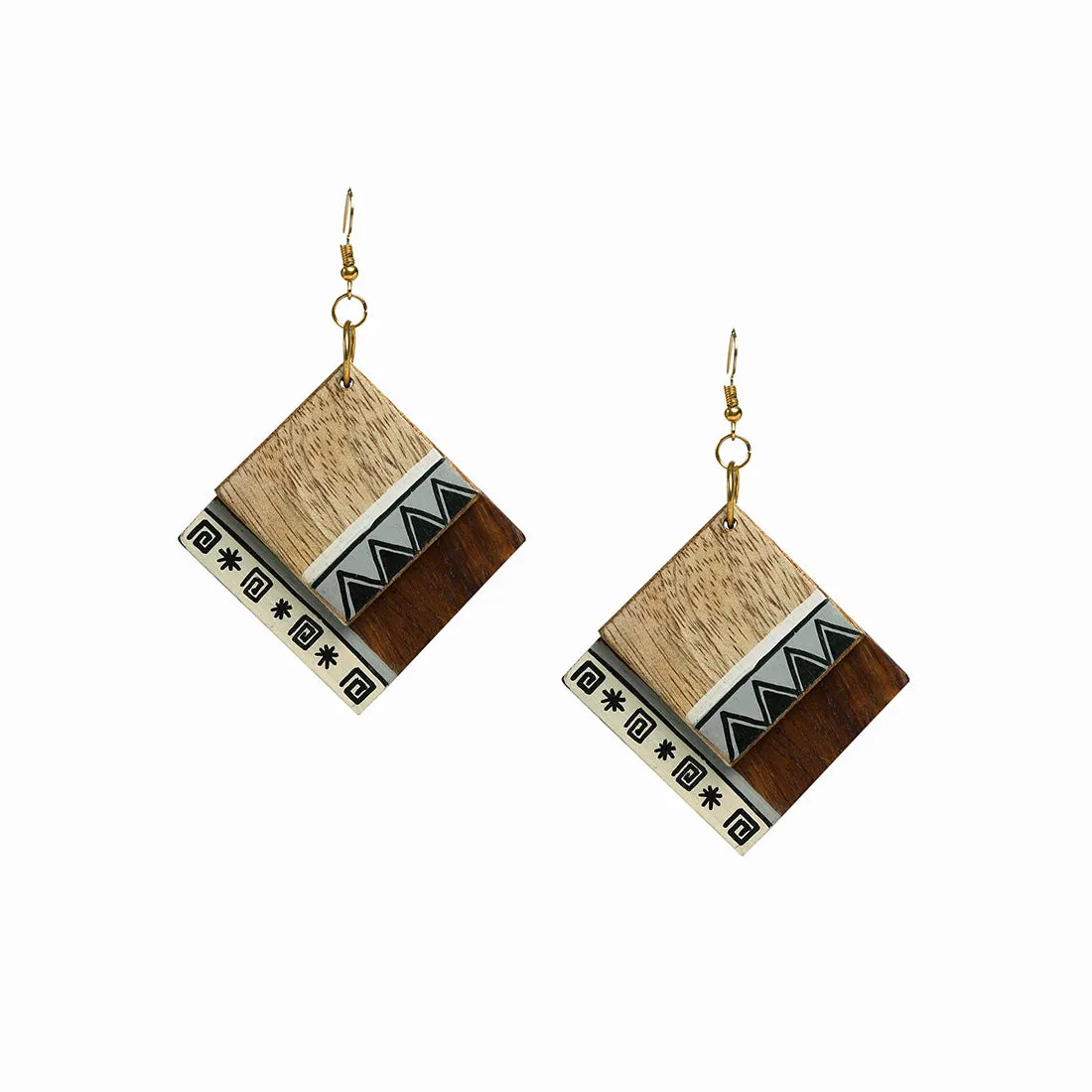 'Aztec Pair' Bohemian Earrings Hand-painted In Aztec Pattern (Sheesham Wood)