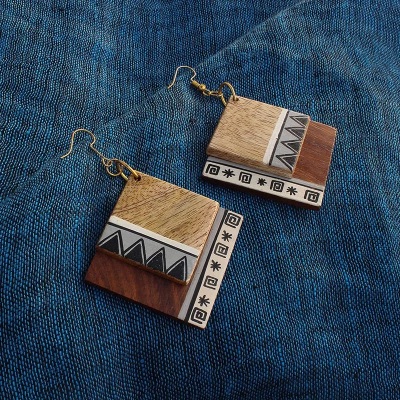 'Aztec Pair' Bohemian Earrings Hand-painted In Aztec Pattern (Sheesham Wood)