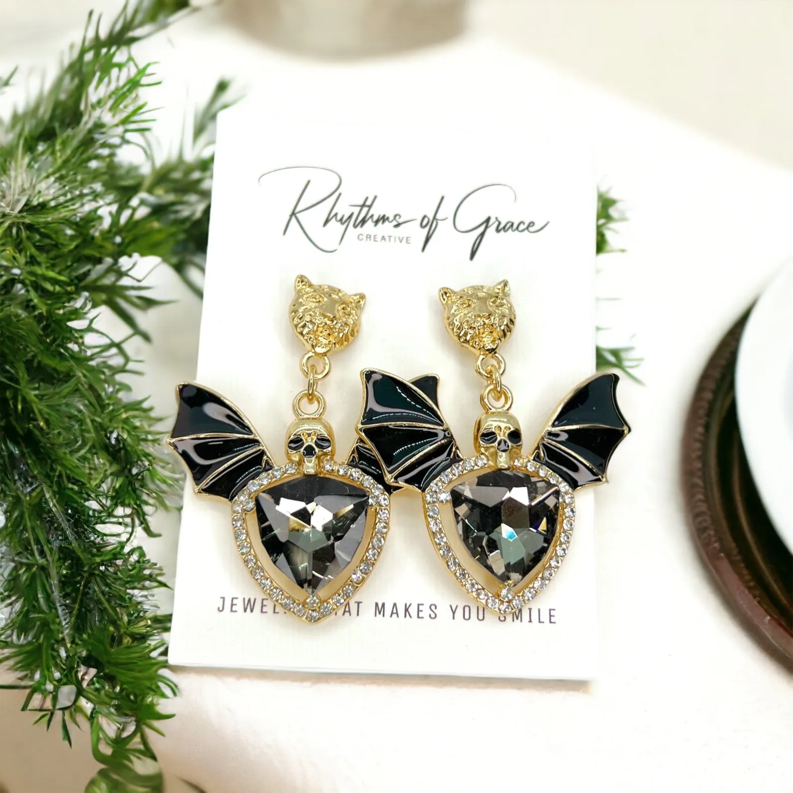 Bat Earrings - Halloween Earrings, Rhinstone Bat, Halloween Teacher, Jeweled Halloween