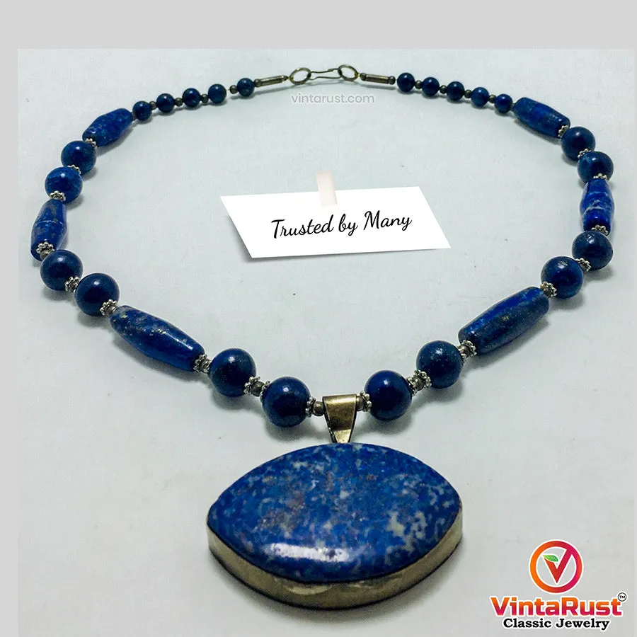 Beaded Chain Lapis Lazuli Stone Pendant Necklace,