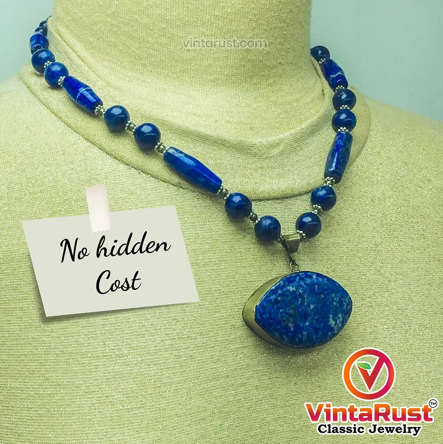 Beaded Chain Lapis Lazuli Stone Pendant Necklace,