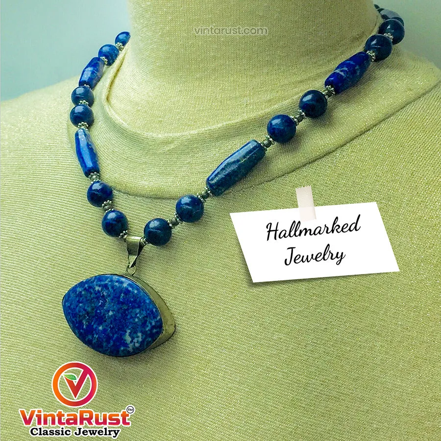 Beaded Chain Lapis Lazuli Stone Pendant Necklace,