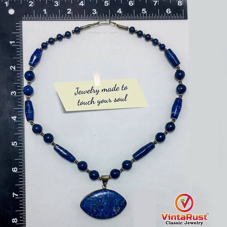 Beaded Chain Lapis Lazuli Stone Pendant Necklace,