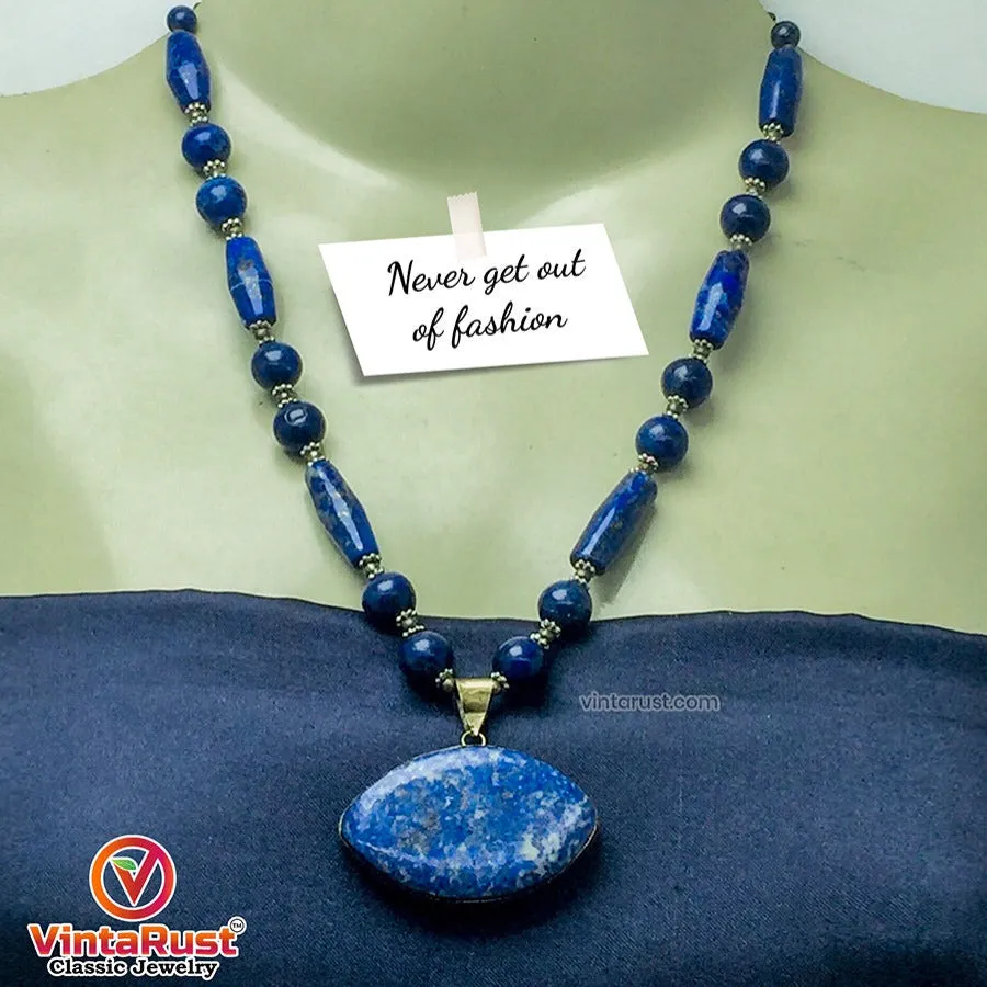 Beaded Chain Lapis Lazuli Stone Pendant Necklace,