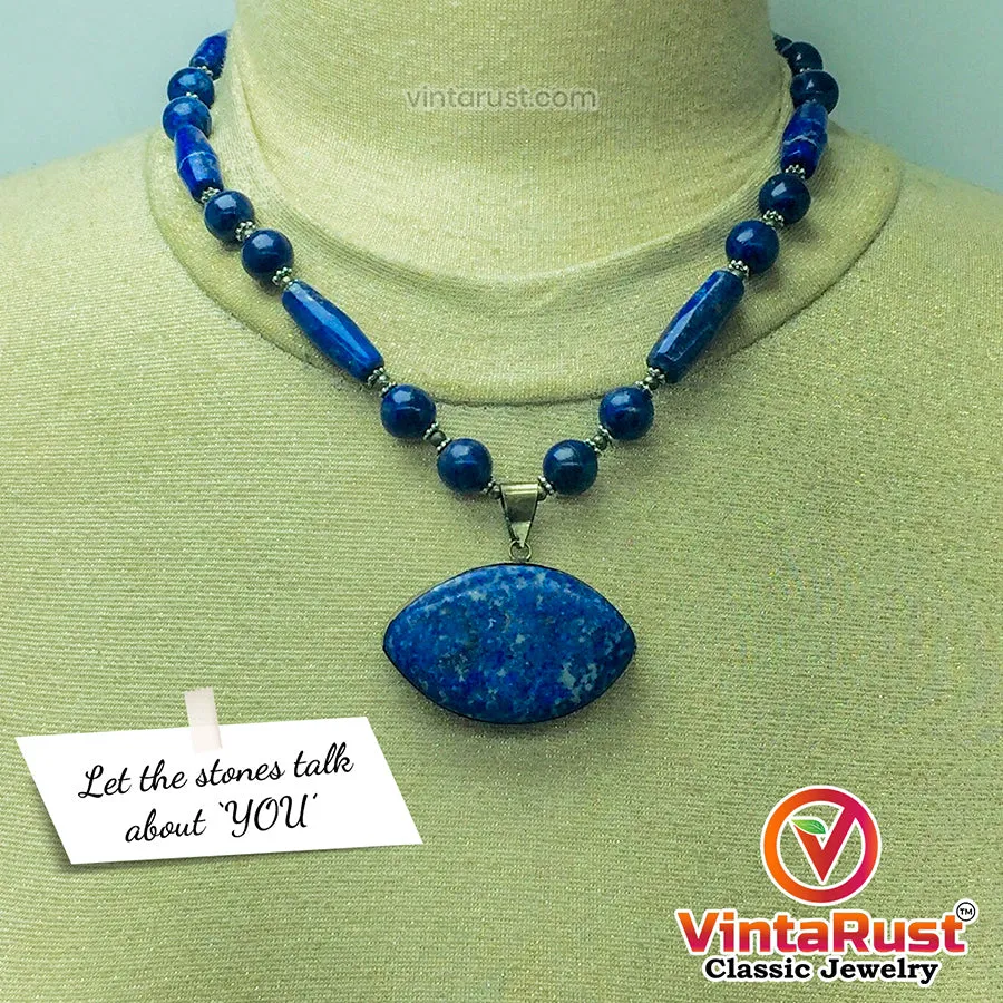 Beaded Chain Lapis Lazuli Stone Pendant Necklace,