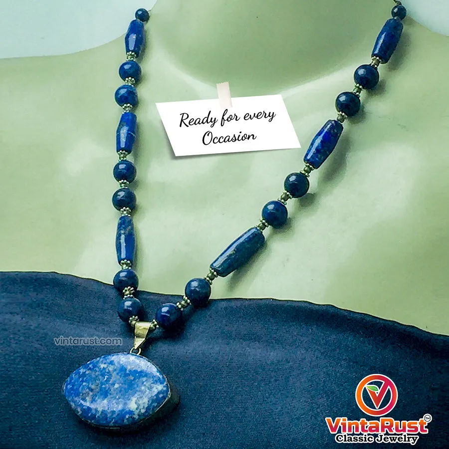 Beaded Chain Lapis Lazuli Stone Pendant Necklace,