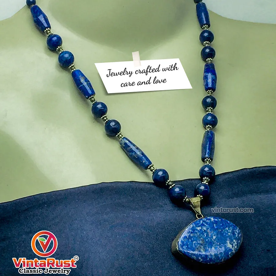 Beaded Chain Lapis Lazuli Stone Pendant Necklace,