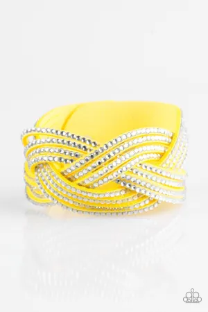 Big City Shimmer Yellow and White Braided Wrap Snap Bracelet - Paparazzi Accessories