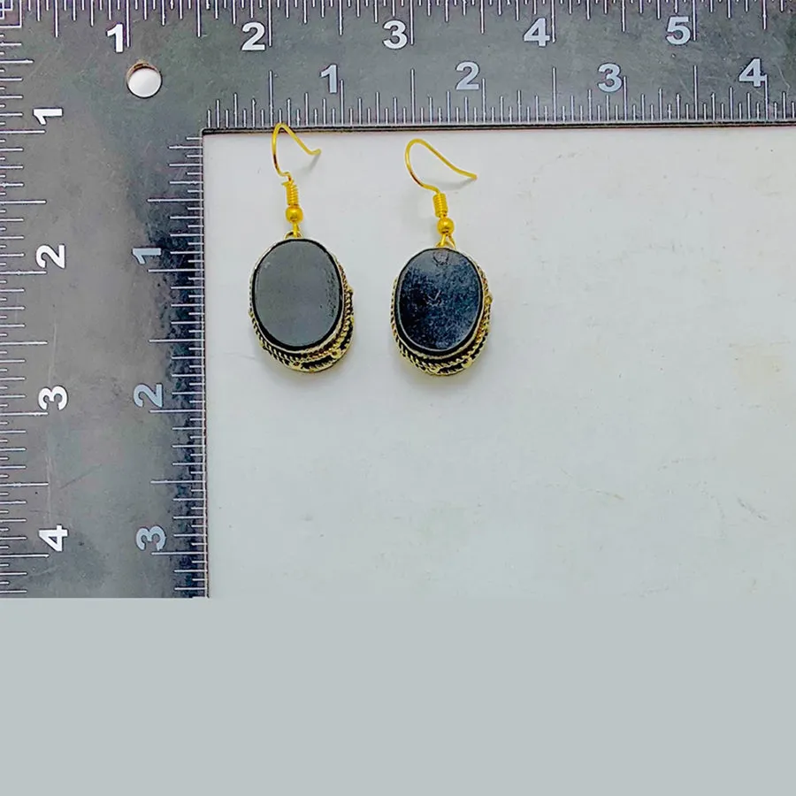 Black Stone Oval Shape Drop Dangle Hook Earrings