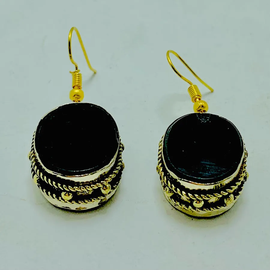 Black Stone Oval Shape Drop Dangle Hook Earrings