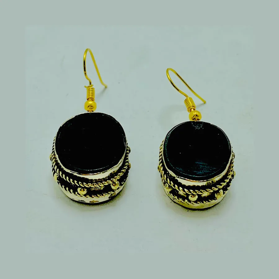 Black Stone Oval Shape Drop Dangle Hook Earrings