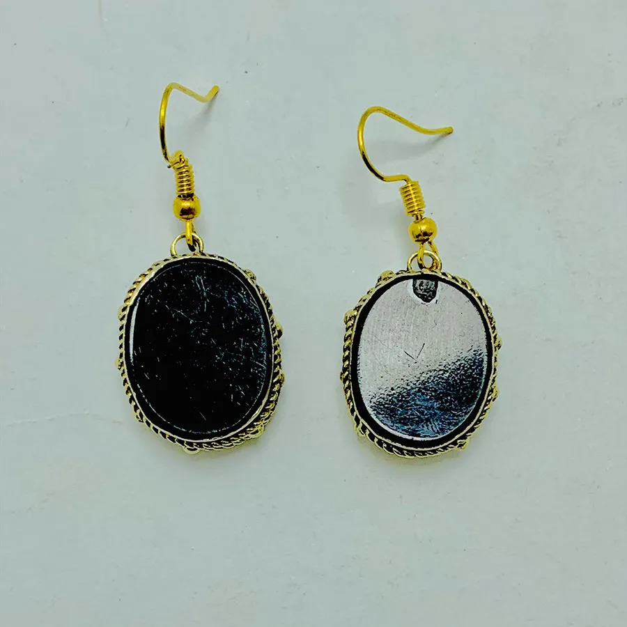 Black Stone Oval Shape Drop Dangle Hook Earrings