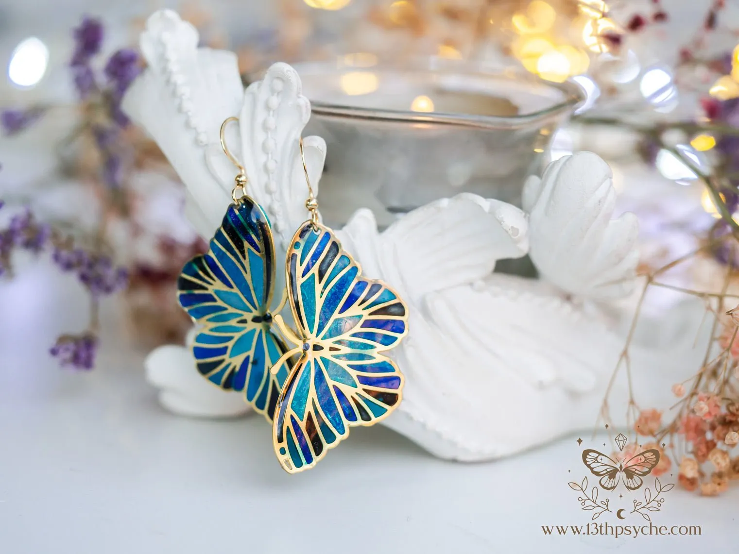 Blue butterfly earrings,Stained glass inspired