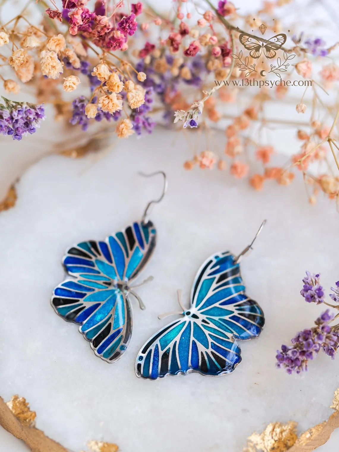 Blue butterfly earrings,Stained glass inspired