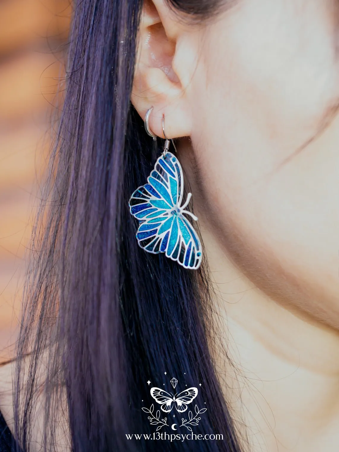 Blue butterfly earrings,Stained glass inspired