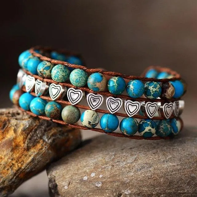 Blue Jasper & Heart Beads Cuff Bracelet