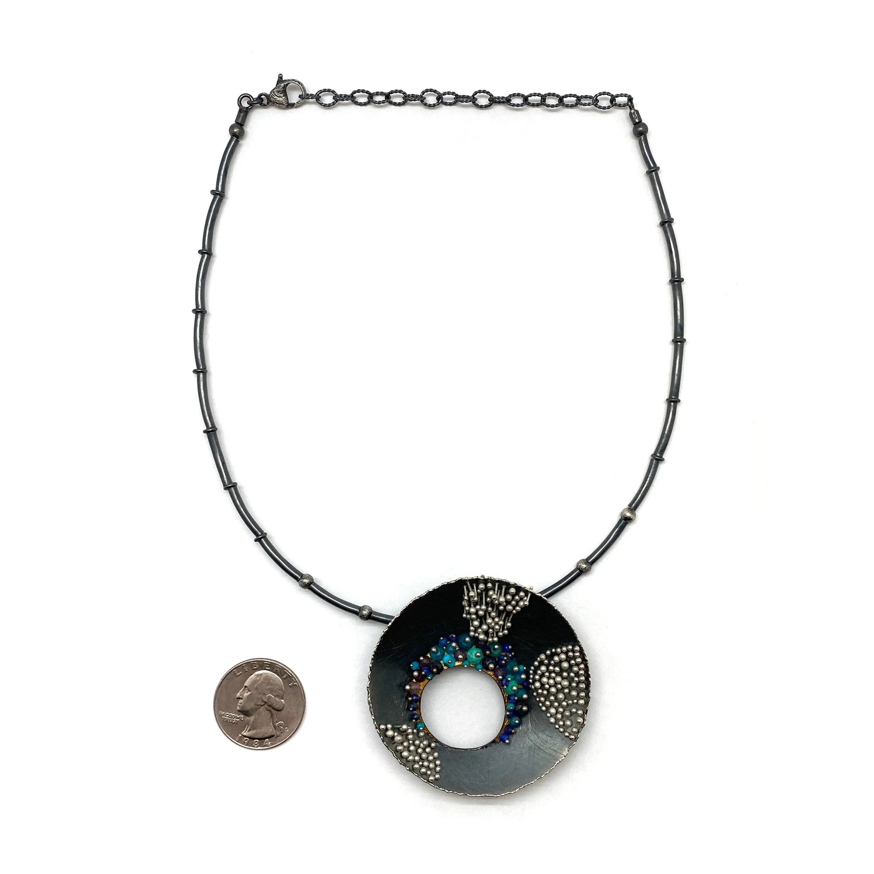 Blue Multi-Bead Silver Concave Necklace