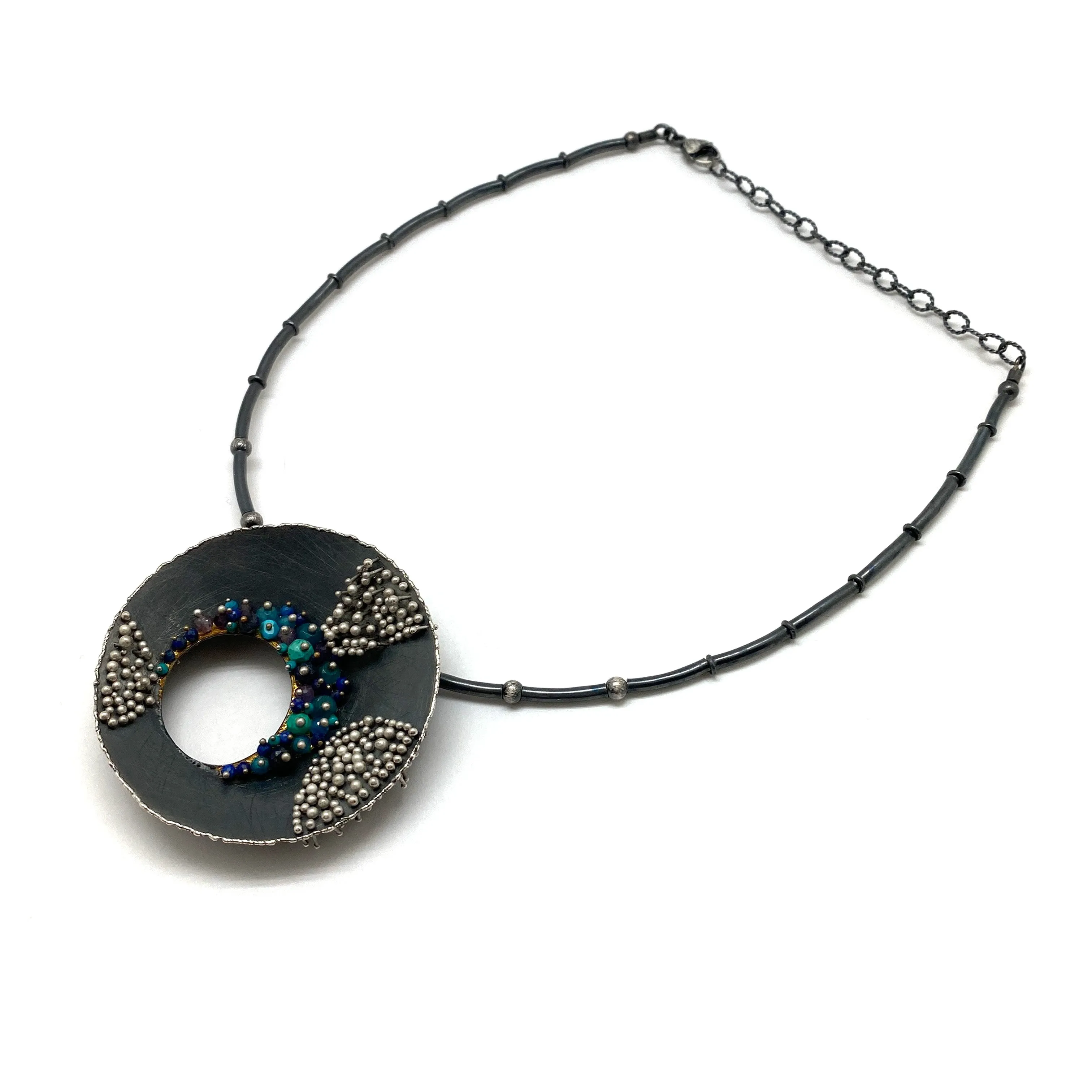 Blue Multi-Bead Silver Concave Necklace