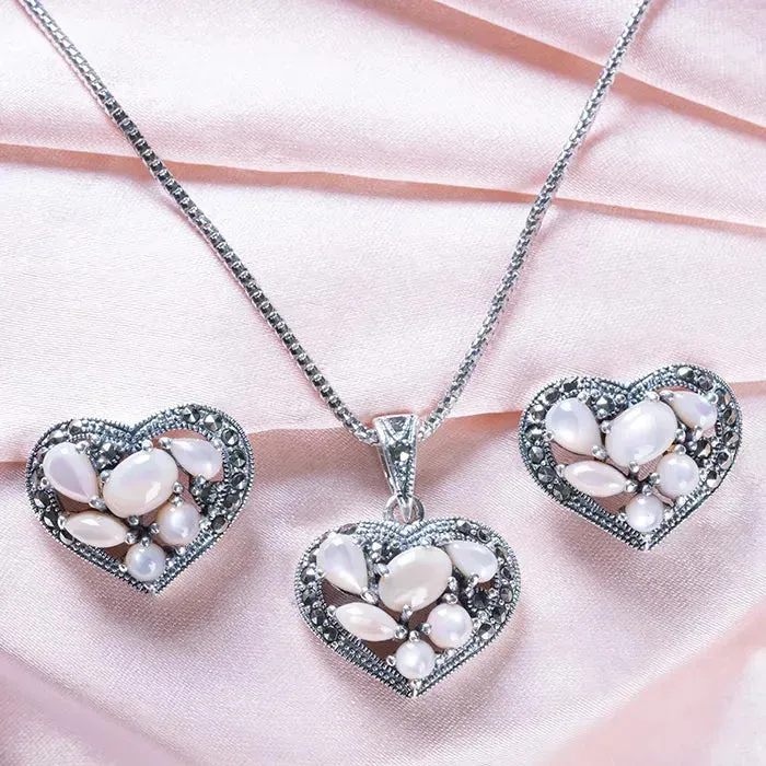 Blushing Heartstone Silver Pendant set