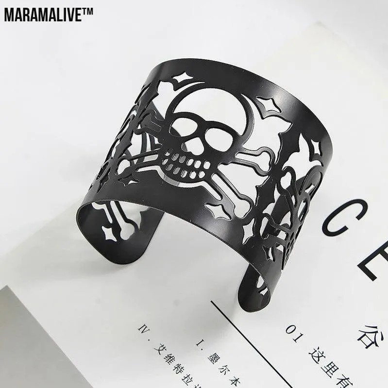 BraceletBlack Skull Bracelet Vintage Punk Gothic Wide Cuff Wristband