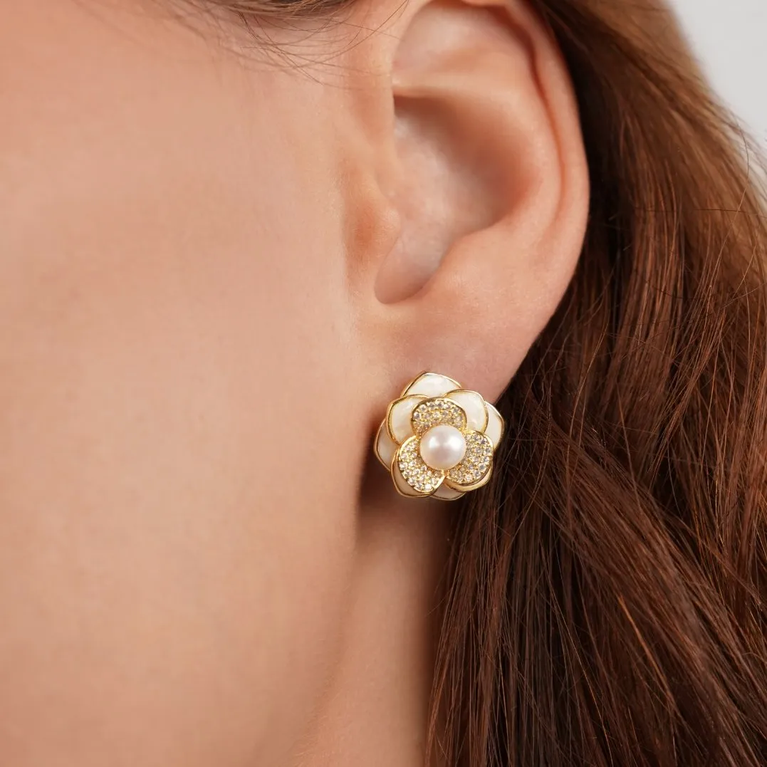 Camelia Flower Pearl Earrings