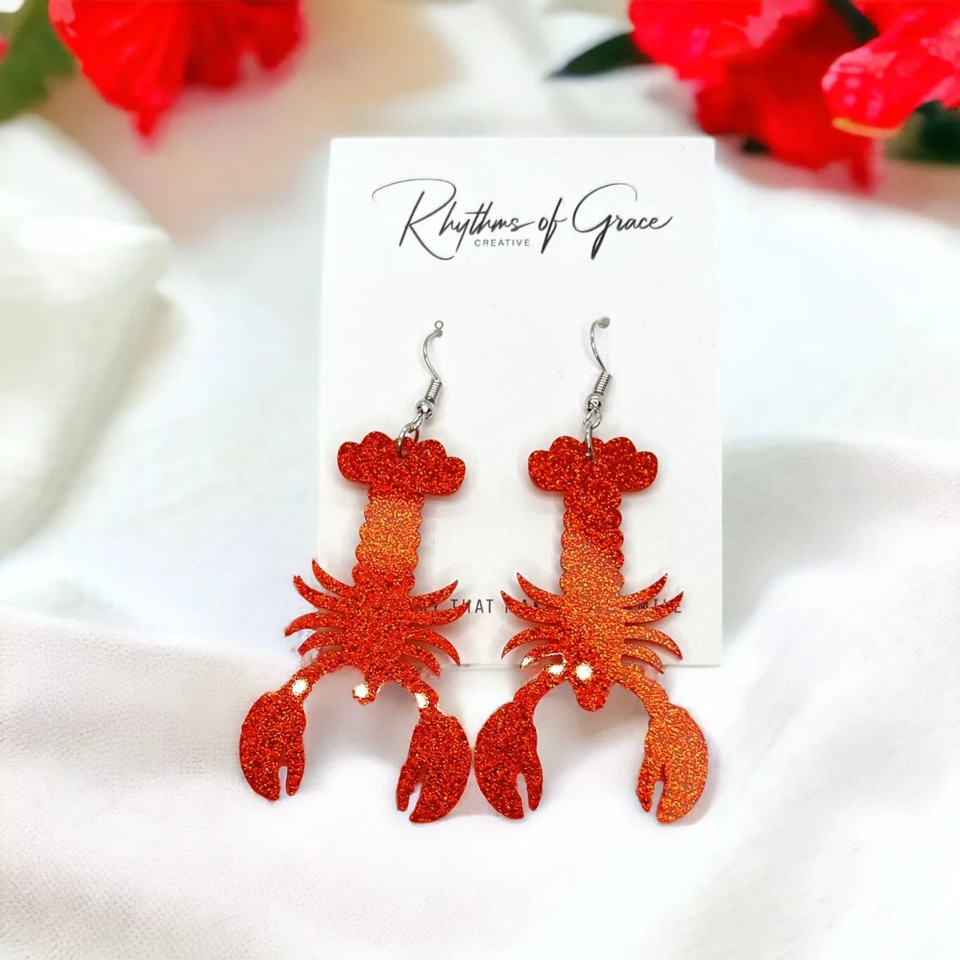 Catch the Cajun Vibe: Dazzling Red Glitter Crawfish Earrings!