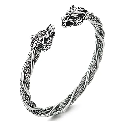 COOLSTEELANDBEYOND Mens Wolf Head Bracelet Steel Braided Cable Bangle Cuff Bracelet Polished, Adjustable